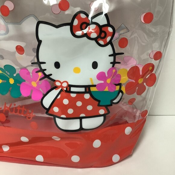 Vintage 1995 Hello Kitty Clear Plastic Tote Bag Red Dots Tropical Flowers Birds - Picture 15 of 16